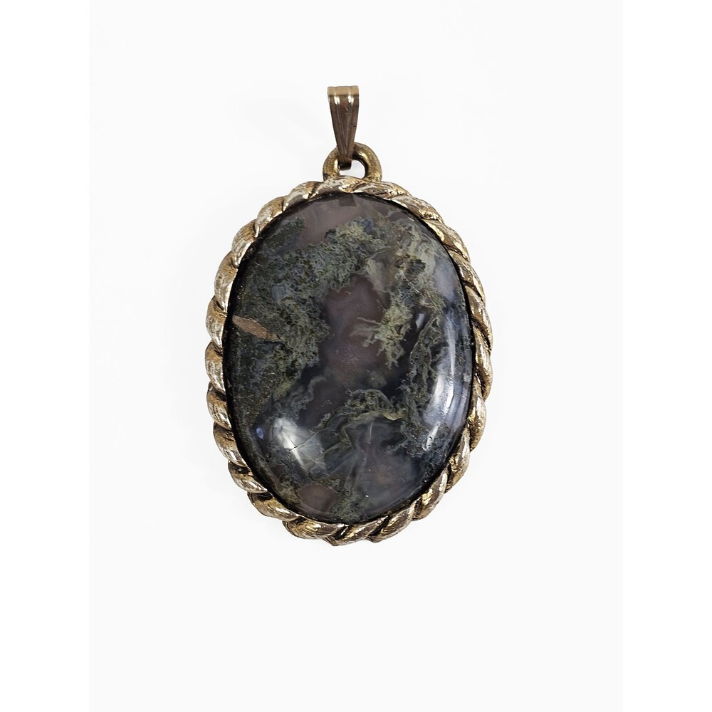 Bronze Tone Oval Moss Agate Cabochon Pendant Victorian Revival Boho Retro